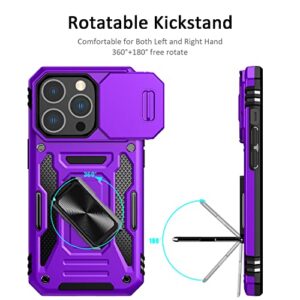 Nvollnoe for iPhone 14 Pro Case with Slide Camera Cover Drop Tested Military Grade Heavy Duty Protective Durable Sturdy Rotate Ring Kickstand Phone Case for iPhone 14 Pro(Purple)