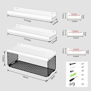 DABIGE Wall Mounted Floating Shelves, 3 Sets Wood Bathroom Shelves with Wire Storage Basket & Hooks, Farmhouse Floating Shelf for Wall Decor, Bedroom, Living Room, Kitchen, Plants, Books – White