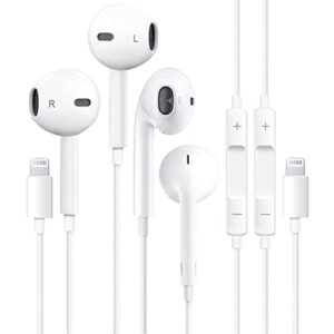 2 pack iphone headphones lightning earphones earbuds, wired in ear stereo noise canceling isolating headphones for iphone 14 13 12 11 pro max x xs 8 7 se, white (built in microphone & volume control)