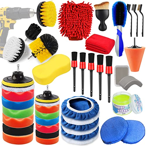 Jaronx 46PCS Car Detailing Kit, Car Detailing Brushes Car Drill Polishing Kit, 3-4 Inches Wool Sponge Drill Buffing Pads,5-6 Inches Woolen Microfiber Polishing Bonnet, Car Drill Buffer Wax Attachment