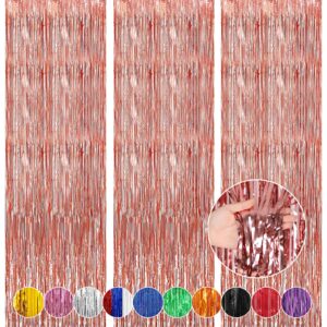 mtkocpk 3-pack 3.2x8 feet rose gold foil fringe backdrop curtains party decorations - perfect for parties, baby showers, gender reveals, and disco fun, party backdrops decor