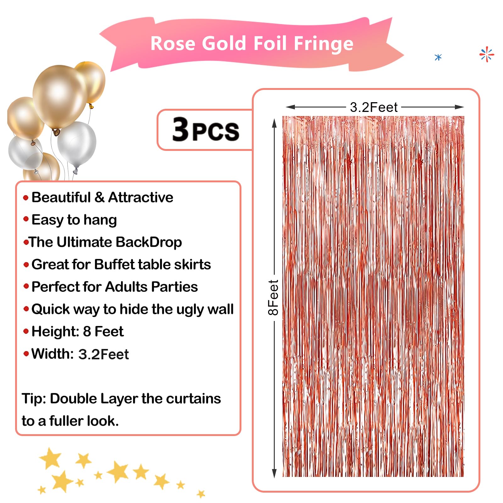 Mtkocpk 3-Pack 3.2x8 Feet Rose Gold Foil Fringe Backdrop Curtains Party Decorations - Perfect for Parties, Baby Showers, Gender Reveals, and Disco Fun, Party Backdrops Decor