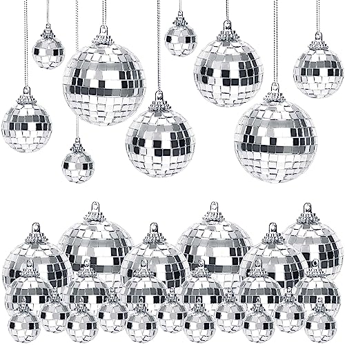 32Pcs Mirror Disco Ball Decorations,Mini Mirror Disco Ball 70s Disco Party Hanging Ornaments,Reflective Disco Ball for Holiday Party Decor with Rope(2.4 Inch, 2 Inch, 1.6 Inch, 1.2 Inch)