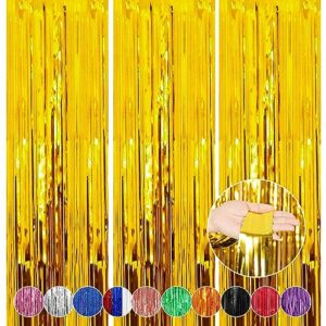 mtkocpk 3-pack 3.2x8 feet gold foil fringe backdrop curtains party decorations - perfect for parties, baby showers, gender reveals, and disco fun, party backdrops decor