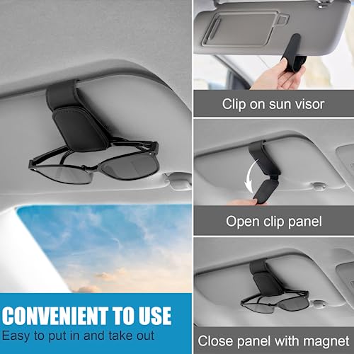 SyeiouC Sunglass Holder for Car, Premium Sunglass Clip for Car Visor, Magnetic Leather Car Sunglass Holder and Ticket Card Clip, Suitable for Different Size Eyeglasses