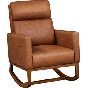 yaheetech leather glider chair, modern rocking chair, nursery faux leather glider chair with rubber wood legs and side pocket, rocking accent armchair for living room, bedroom, brown