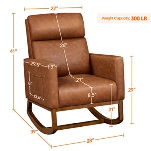 Yaheetech Leather Glider Chair, Modern Rocking Chair, Nursery Faux Leather Glider Chair with Rubber Wood Legs and Side Pocket, Rocking Accent Armchair for Living Room, Bedroom, Brown