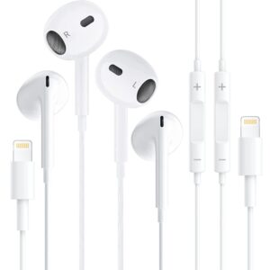 2 pack iphone headphones wired, iphone earbuds with lightning connector [mfi certified](built-in microphone & volume control) noise canceling isolating headphones for iphone 14/13/12/11/se/xs/8/7
