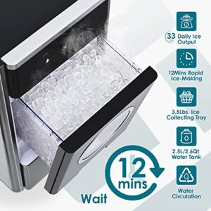 EUHOMY Nugget Ice Makers Countertop, Max 33lbs/24H, 2 Ways Water Refill, LED Light, Self-Cleaning Pebble Ice Maker with Basket and Scoop, for Home/Kitchen/Camping/RV. (Black Silver)