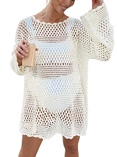 Prinbara Womens Vacation Dress Coverups Beachwear Clothes Sexy Crochet Cover up Tops Summer Swimsuit for Women Beach Outfit Bikini Swimwear 2023 Fashion Trendy Bathing Suit 9PA58-baise-M White