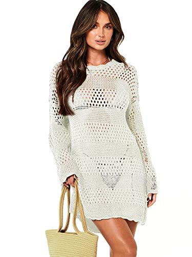 Prinbara Womens Vacation Dress Coverups Beachwear Clothes Sexy Crochet Cover up Tops Summer Swimsuit for Women Beach Outfit Bikini Swimwear 2023 Fashion Trendy Bathing Suit 9PA58-baise-M White