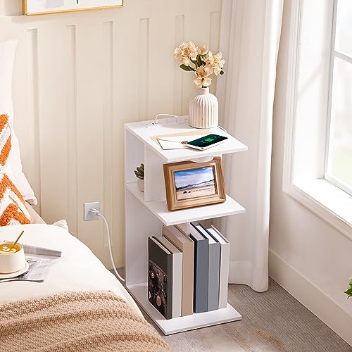 MAHANCRIS End Table with Charging Station, Narrow Side Table for Small Spaces, Slim Nightstand with Light, C-Shaped Beside Table with Storage Shelf, for Bedroom, Living Room, White ETWT78E01