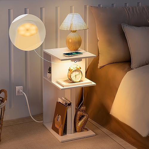 MAHANCRIS End Table with Charging Station, Narrow Side Table for Small Spaces, Slim Nightstand with Light, C-Shaped Beside Table with Storage Shelf, for Bedroom, Living Room, White ETWT78E01