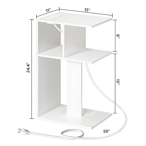 MAHANCRIS End Table with Charging Station, Narrow Side Table for Small Spaces, Slim Nightstand with Light, C-Shaped Beside Table with Storage Shelf, for Bedroom, Living Room, White ETWT78E01