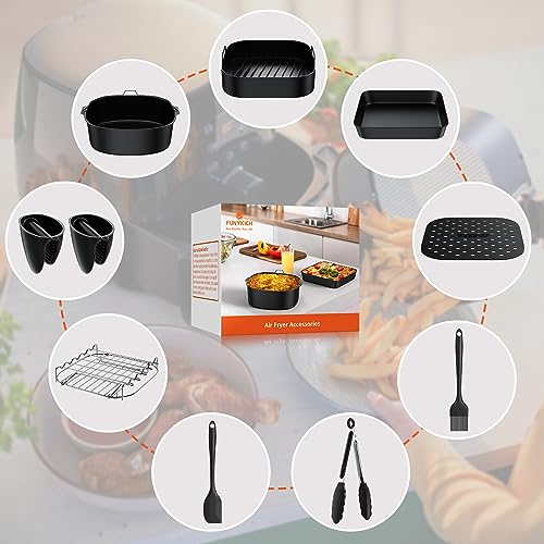 FUNYKICH 8inch Square Air Fryer Accessories, 10PCS XL Air Fryers Accessory Set Fit for 4.5-6.8QT COSORI Ninja Philips Gowise Gourmia Chefman and Other Square Air Fryer, BPA Free, Dishwasher Safe