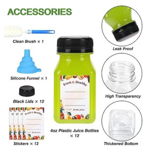 Moretoes 12pcs 4oz Plastic Juice Bottles with Caps Mini Empty Reusable Clear Water Containers with Tamper Proof Lids Black for Milk Juice Smoothies and Other Beverages