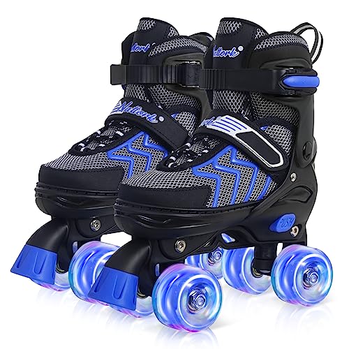 Kids Roller Skates for Boys, Blue Adjustable Rollerskates with Light Up Wheels for Big Kids Ages 6-12 7 8 9 10, Beginners Outdoor Sports, Best Birthday Gift for Kids