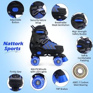 Kids Roller Skates for Boys, Blue Adjustable Rollerskates with Light Up Wheels for Big Kids Ages 6-12 7 8 9 10, Beginners Outdoor Sports, Best Birthday Gift for Kids