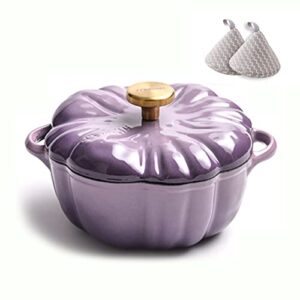 bamfy pumpkin heavy-duty cast iron dutch oven pot with lid non-stick enamel pot with handles casserole pot for roasting, braising, bread baking (color : purple)