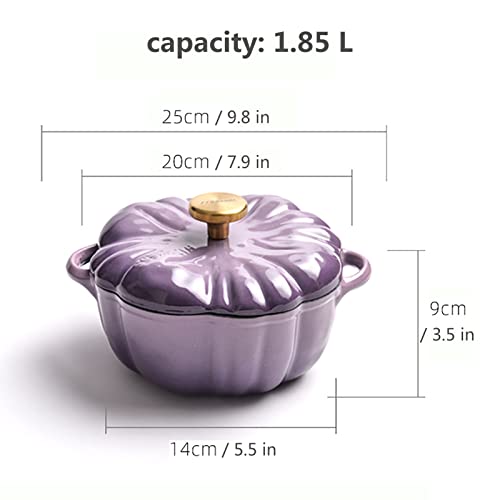 BAMFY Pumpkin Heavy-duty Cast Iron Dutch Oven Pot with Lid Non-stick Enamel Pot with Handles Casserole Pot for Roasting, Braising, Bread Baking (Color : Purple)