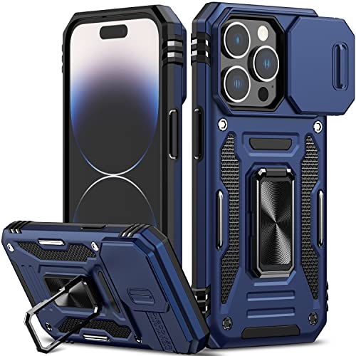 Nvollnoe for iPhone 14 Pro Case with Slide Camera Cover Drop Tested Military Grade Heavy Duty Protective Durable Sturdy Rotate Ring Kickstand Phone Case for iPhone 14 Pro(Blue)