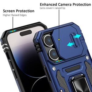 Nvollnoe for iPhone 14 Pro Case with Slide Camera Cover Drop Tested Military Grade Heavy Duty Protective Durable Sturdy Rotate Ring Kickstand Phone Case for iPhone 14 Pro(Blue)