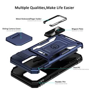 Nvollnoe for iPhone 14 Pro Case with Slide Camera Cover Drop Tested Military Grade Heavy Duty Protective Durable Sturdy Rotate Ring Kickstand Phone Case for iPhone 14 Pro(Blue)