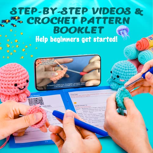 Crochetta Crochet Kit for Beginners, Amigurumi Crocheting Animals Kits w Step-by-Step Video Tutorials, Knitting Starter Pack for Adults and Kids, Jumbo 2 Octopus Familly (40%+ Yarn Content)