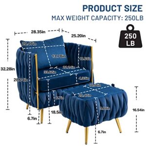 NIOIIKIT Modern Velvet Accent Chair with Storage Ottoman, Upholstered Hand Woven Lounge Chair with Pillow, Luxury Armchair, Vanity Chair for Living Room, Bedroom, Office (Navy)