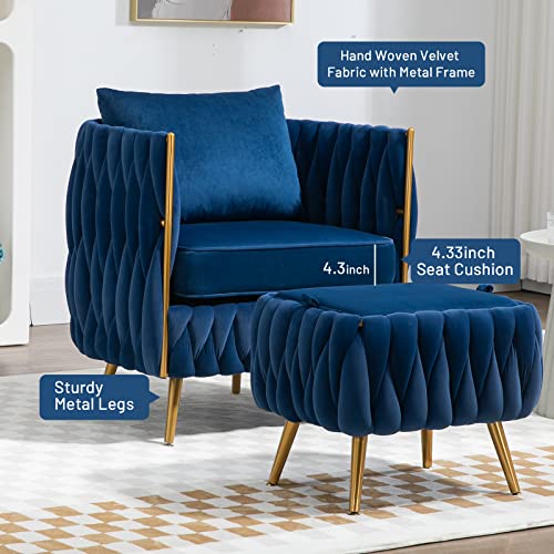 NIOIIKIT Modern Velvet Accent Chair with Storage Ottoman, Upholstered Hand Woven Lounge Chair with Pillow, Luxury Armchair, Vanity Chair for Living Room, Bedroom, Office (Navy)