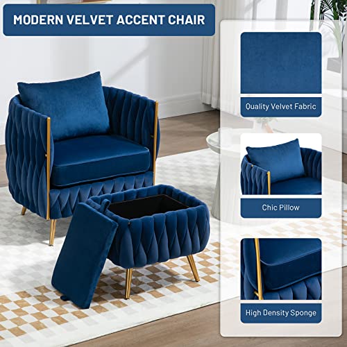 NIOIIKIT Modern Velvet Accent Chair with Storage Ottoman, Upholstered Hand Woven Lounge Chair with Pillow, Luxury Armchair, Vanity Chair for Living Room, Bedroom, Office (Navy)