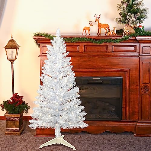 4ft Lighted Artificial White Christmas Tree, Not Pre-lit White Tinsel Pine Trees with Lights, Ideal for Ideal for Home, Office, and Xmas Party Décor - Includes Stand