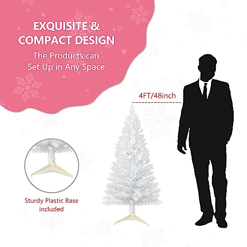 4ft Lighted Artificial White Christmas Tree, Not Pre-lit White Tinsel Pine Trees with Lights, Ideal for Ideal for Home, Office, and Xmas Party Décor - Includes Stand