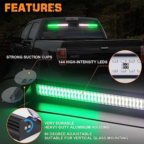 XRIDONSEN Emergency Dash Strobe Lights 144 LED Green White Warning Hazard Safety 2x 14.5 inch Front/Rear Interior Windshield Lights w/Suction Cups Deck Split Mount for Firefighter Vehicles Trucks