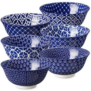 dowan cereal bowl, ceramic soup bowls set, 23 oz snack bowls for kitchen, blue and white vintage decorative bowl, for salad pasta rice oatmeal, dishwasher & microwave safe, set of 6