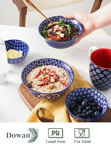 DOWAN Cereal Bowl, Ceramic Soup Bowls Set, 23 OZ Snack Bowls for Kitchen, Blue and White Vintage Decorative Bowl, for Salad Pasta Rice Oatmeal, Dishwasher & Microwave Safe, Set of 6