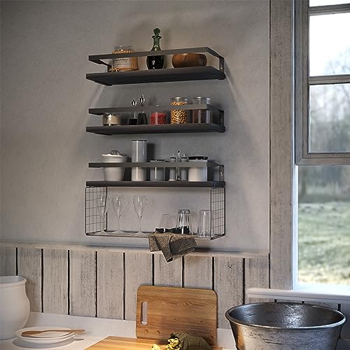 Floating Shelves with Storage Basket Rustic Solid Wood Bathroom Shelves Farmhouse Wall Hanging Shelf Mounted Wall Decor for Living Room Kitchen Pantry Bedroom Shelves Over Toilet (Black)