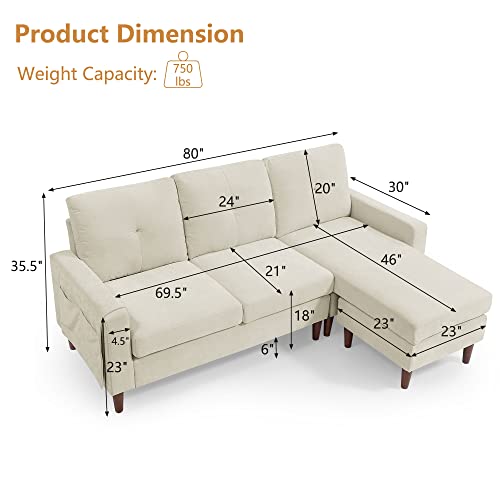 Tmsan Convertible Sectional Sofa, L Shaped Couch Bed with Movable Ottoman, Reversible 3 Seater Sleeper for Living Room, Small Space, Beige