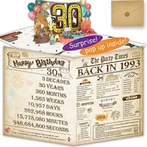 30th birthday cards for women or men, 3d pop up greeting card in classy vintage cover, funny 30th birthday gifts idea for party supplies, unique 30 year anniversary for mom dad, back in 1993, jumbo size 8x10"