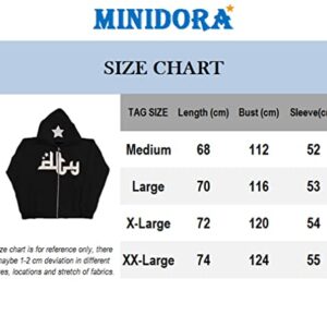 MINIDORA Men's Y2k Long Sleeved Zip Up Hoodies Pullover Sweatshirt Streetwear Punk Goth Aesthetic Hoodies Grey Medium