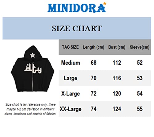 MINIDORA Men's Y2k Long Sleeved Zip Up Hoodies Pullover Sweatshirt Streetwear Punk Goth Aesthetic Hoodies Grey Medium