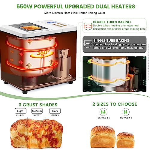 KEEPEEZ Bread Machine Dual-Heaters, 19-in-1 Horizontal Bread Maker, Gluten Free, Sourdough, Pizza Dough, Jam, Stir-Fry Setting, Stainless Steel, 3 Crust Colors, Nonstick Pan, Auto Keep Warm, Recipes