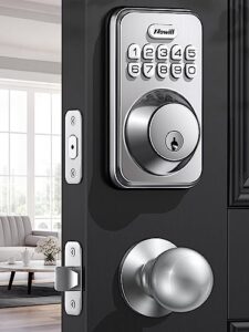 keyless entry door lock with 2 knobs, zowill dk01k keypad door lock with handle, front door lock set, auto lock, one-touch lock, one time code, ip54 waterproof, easy installation - satin nickel