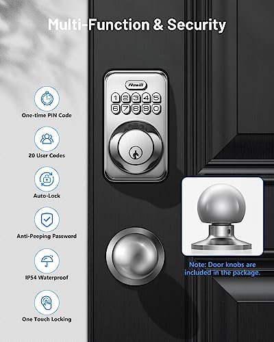 Keyless Entry Door Lock with 2 Knobs, Zowill DK01K Keypad Door Lock with Handle, Front Door Lock Set, Auto Lock, One-Touch Lock, One Time Code, IP54 Waterproof, Easy Installation - Satin Nickel