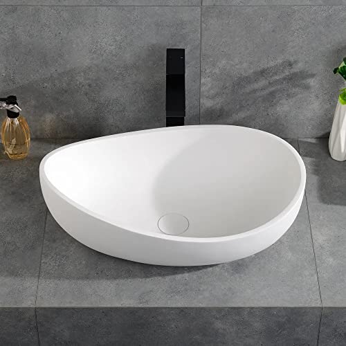 Weibath Oval Vessel Sink Stone Resin Bathroom Sink Modern Art Sink Matte White with Pop Up Drain (Matte White)