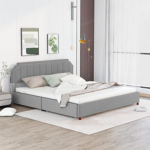 GLORHOME King Size Platform Bed Upholstered with Headboard and 4 Storage Drawers, Support Legs - Grey