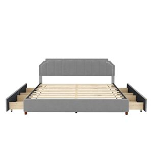 GLORHOME King Size Platform Bed Upholstered with Headboard and 4 Storage Drawers, Support Legs - Grey