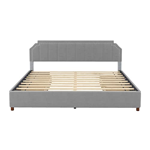 GLORHOME King Size Platform Bed Upholstered with Headboard and 4 Storage Drawers, Support Legs - Grey