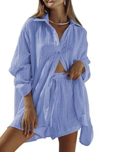 meenew women's summer matching set 2 piece shorts set long sleeve pj set beach outfits button down set xl