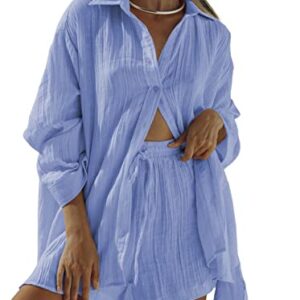 Meenew Women's Summer Matching Set 2 Piece Shorts Set Long Sleeve PJ Set Beach Outfits Button Down Set XL